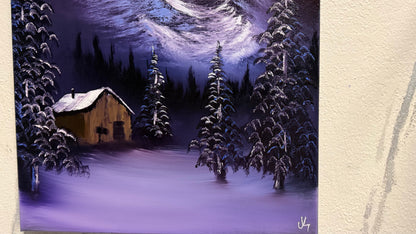 Painting #2114 - 18x24" Canvas - Forest Cabin Painting with Fairy Lights painted 10-23-25