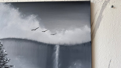 Painting #2489 - 18x24" Canvas - Black and White Mountain Waterfall painted 6-15-26
