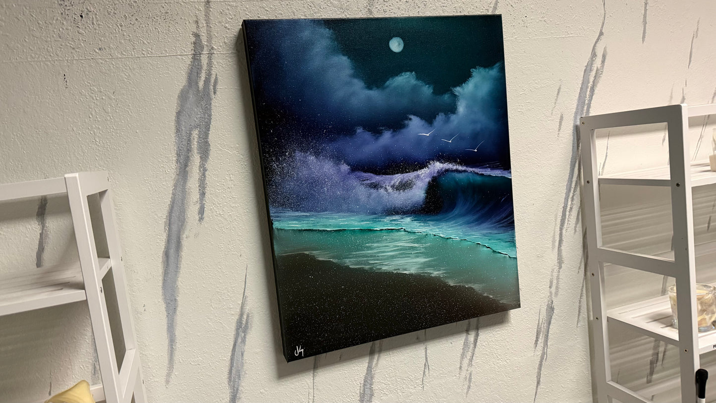 Painting #2170 - 20x24" Pro Series Canvas - Full Moon Seascape painted 12-4-25