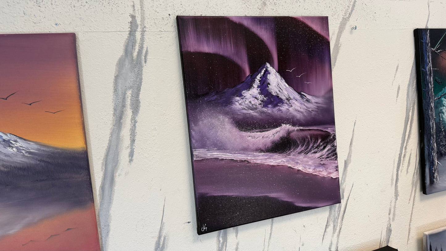 Painting #2256 - 16x20" Canvas - Aurora Mountain Seascape painted 1-25-26