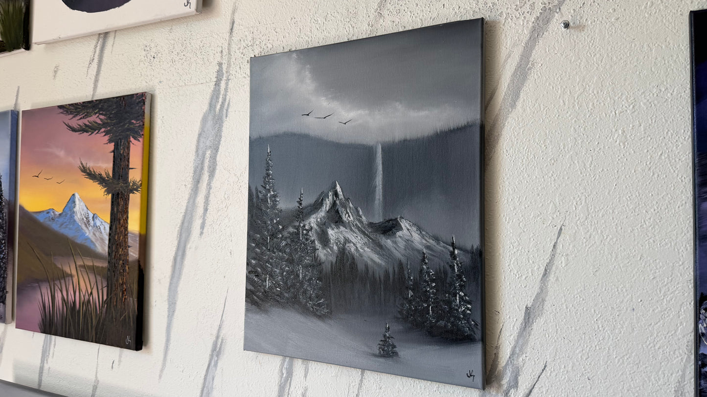 Painting #2488 - 16x20" Canvas - Black and White Mountain Waterfall painted 6-15-26