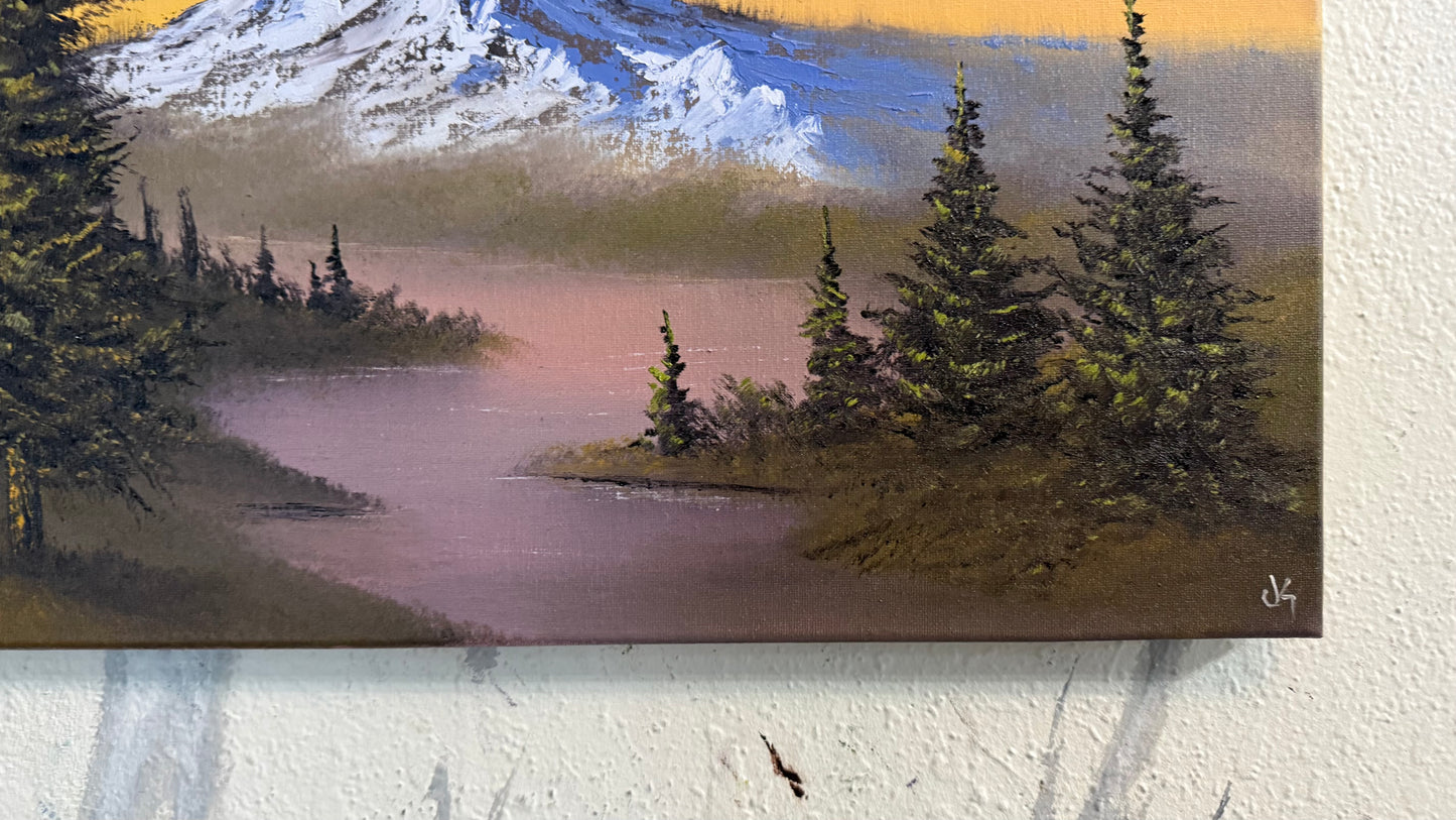 Painting #2389 - 16x20" Canvas - Sunset Mountain River Landscape painted 4-14-26