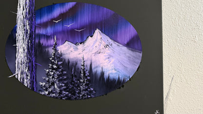 Painting #2353 - 16x20" Canvas - Oval Northern Lights Mountain painted 3-23-26