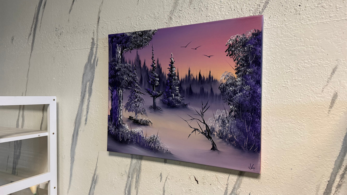 Painting #2184 - 16x20" Canvas - Sunset Winter Landscape painted 12-12-25
