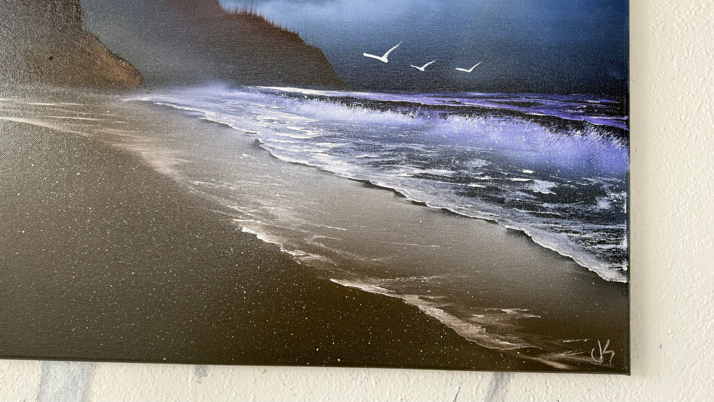 Painting #2094 - 16x20" Canvas - Night Oregon Coast Seascape painted 10-10-25