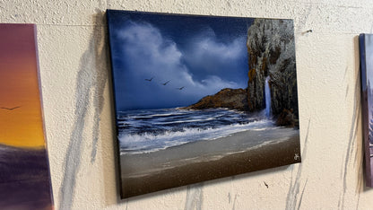 Painting #2237 - 16x20" Canvas - Coastal Waterfall Seascape painted 1-15-26