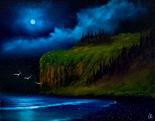 Painting #2530 - 16x20" Canvas - Coastal Moonlit Seascape painted 7-27-26