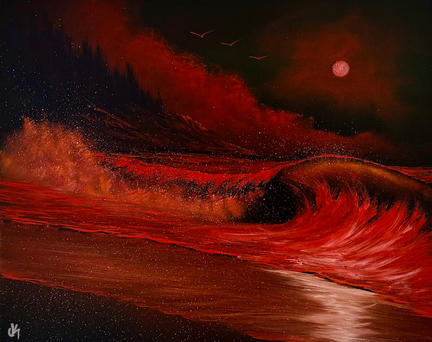 Painting #2510 - 16x20" Canvas - Red West Coast Crashing Wave Seascape painted 7-10-26