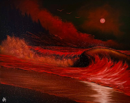 Painting #2510 - 16x20" Canvas - Red West Coast Crashing Wave Seascape painted 7-10-26