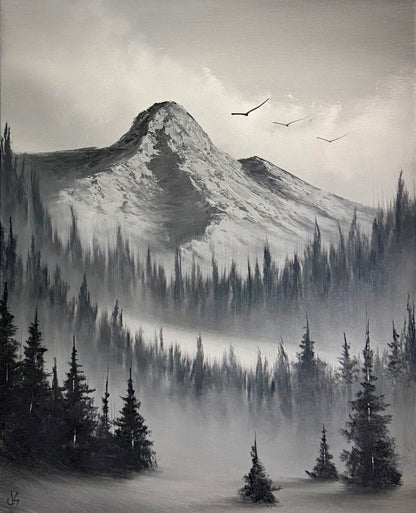 Painting #2236 - 16x20" Canvas - Black and White Mt Hood Landscape painted 1-15-26