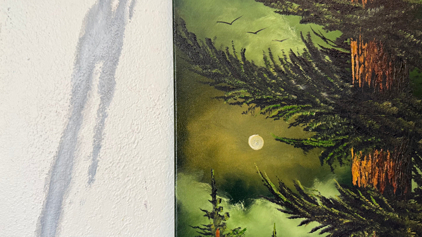Painting #2471 - 16x20" Canvas - Full Moon Pine Tree Landscape painted 5-31-26