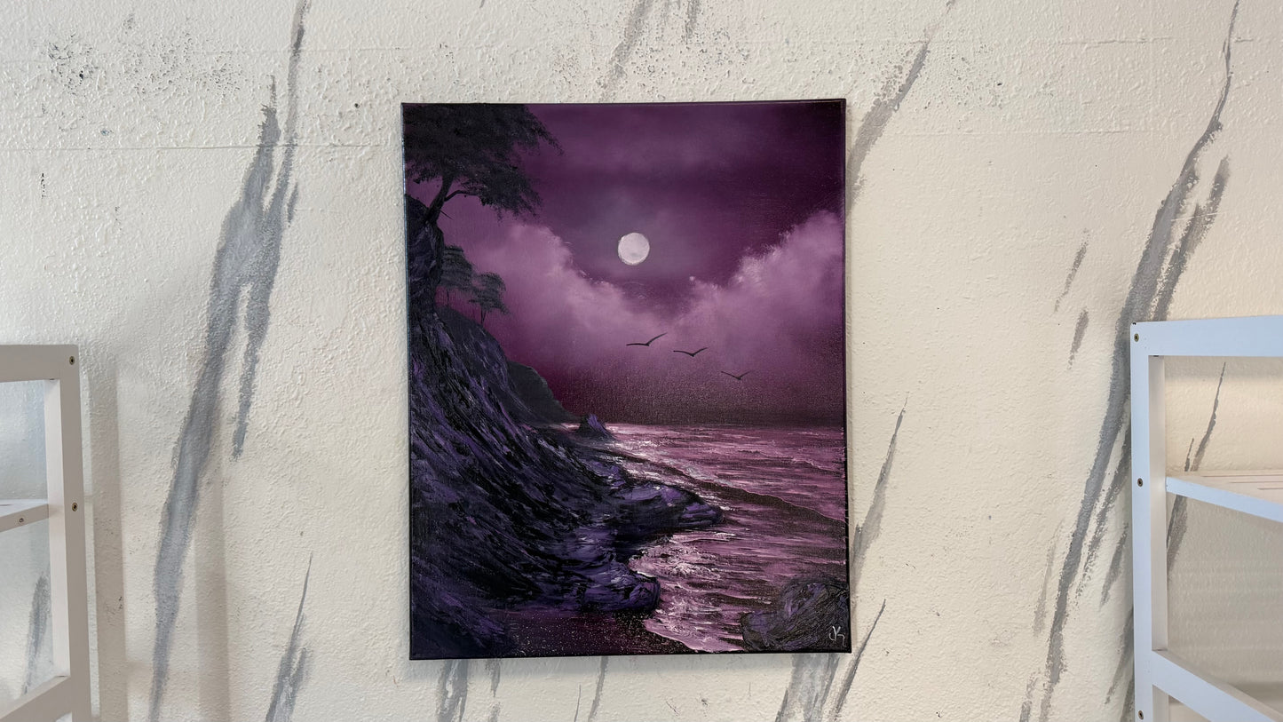 Painting #2180 - 16x20" Canvas - Full Moon Seascape painted 12-11-25