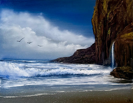 Painting #2235 - 16x20" Canvas - Coastal Waterfall Seascape painted 1-14-26