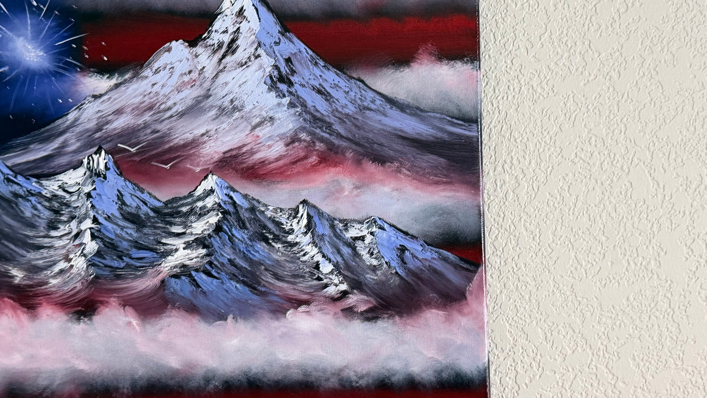 Painting #2503 - 16x20" Canvas - American Flag Landscape painted by Josh and Dani on 7-4-26