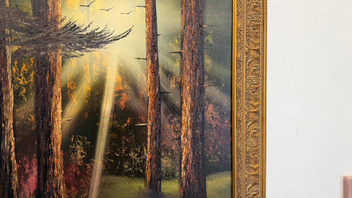 Painting #2521 - 20x24" Gold Framed Canvas - Sunset Forest Landscape painted 7-20-26