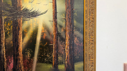 Painting #2521 - 20x24" Gold Framed Canvas - Sunset Forest Landscape painted 7-20-26