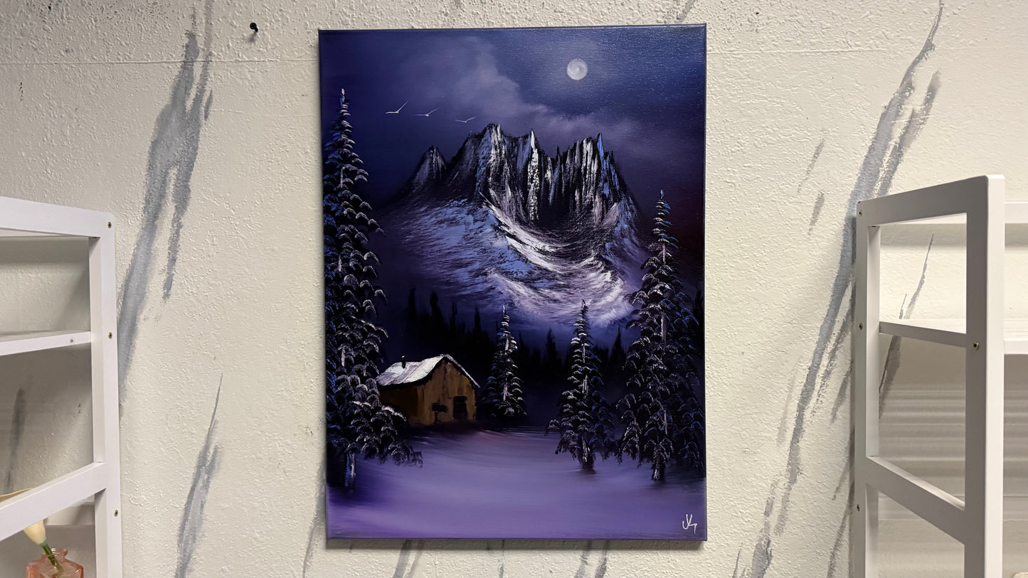 Painting #2114 - 18x24" Canvas - Forest Cabin Painting with Fairy Lights painted 10-23-25