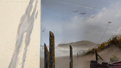 Painting #2421 - 16x20" Canvas - Kite Flying Seascape with Old Row Boat painted 5-1-26