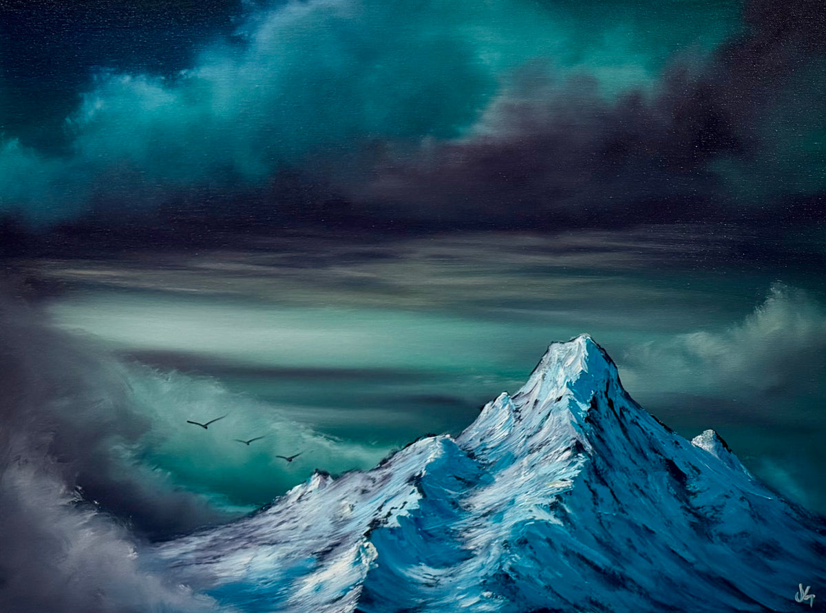 Painting #2599 - 18x24" Black Canvas - Dramatic Blue Mountain Landscape painted 9-13-26