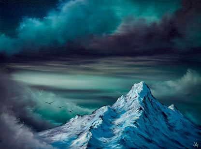 Painting #2599 - 18x24" Black Canvas - Dramatic Blue Mountain Landscape painted 9-13-26