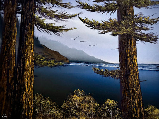 Painting #2323 - 18x24" Canvas - Oregon Coast Seascape With Ponderosa Pines painted 3-7-26
