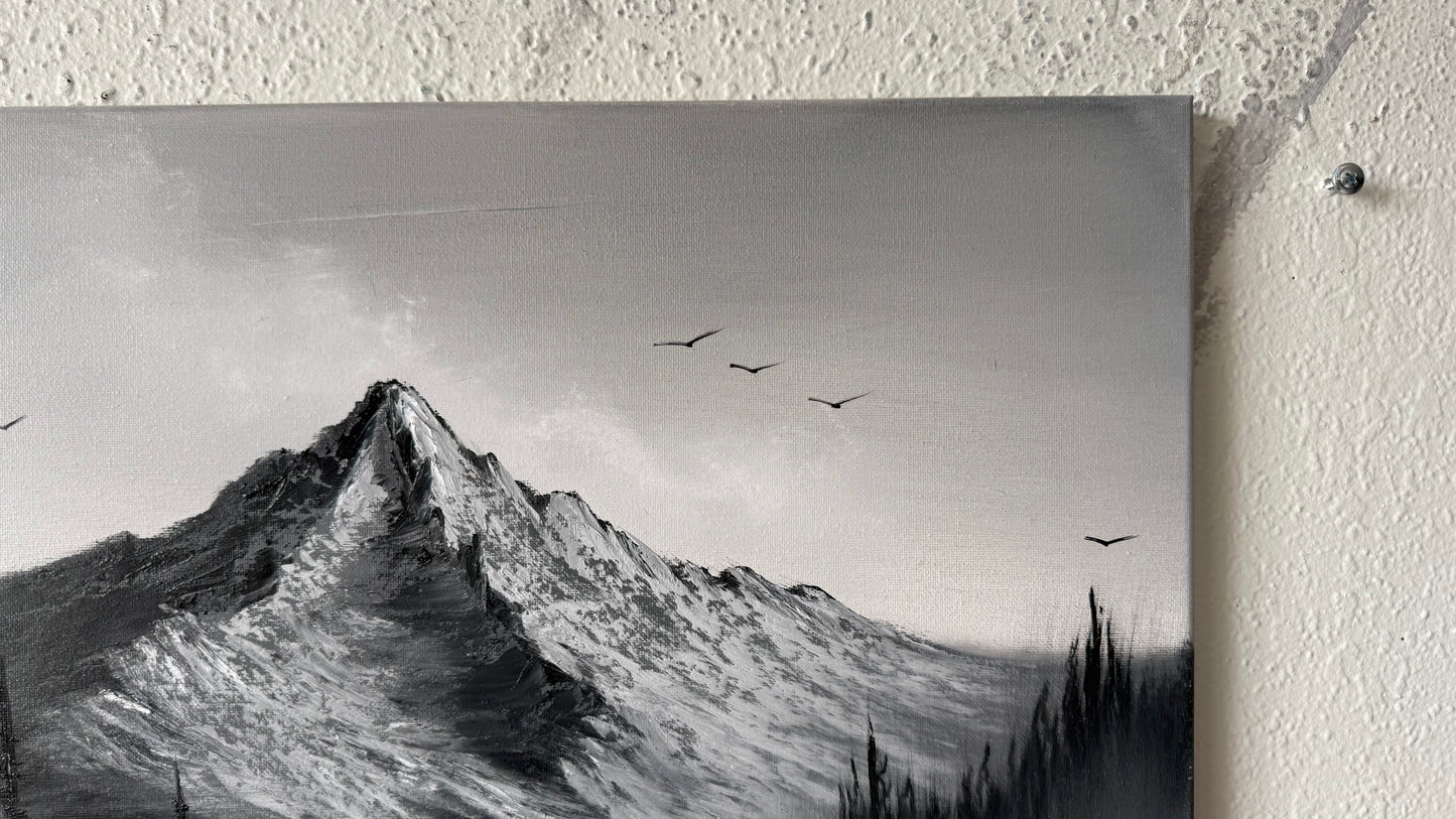 Painting #2430 - 16x20" Canvas - Black and White Mountain Landscape painted 5-6-26