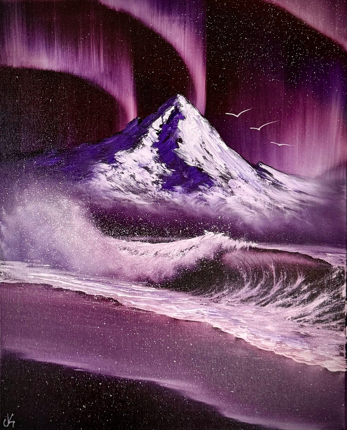 Painting #2256 - 16x20" Canvas - Aurora Mountain Seascape painted 1-25-26