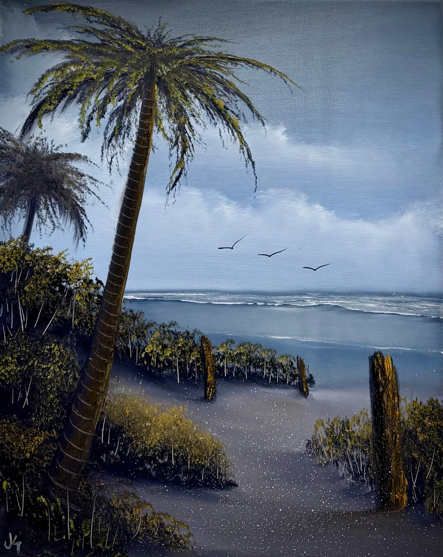 Painting #2564 - 16x20" Canvas - Tropical Palm Tree Seascape painted 8-22-26