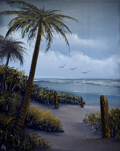 Painting #2564 - 16x20" Canvas - Tropical Palm Tree Seascape painted 8-22-26