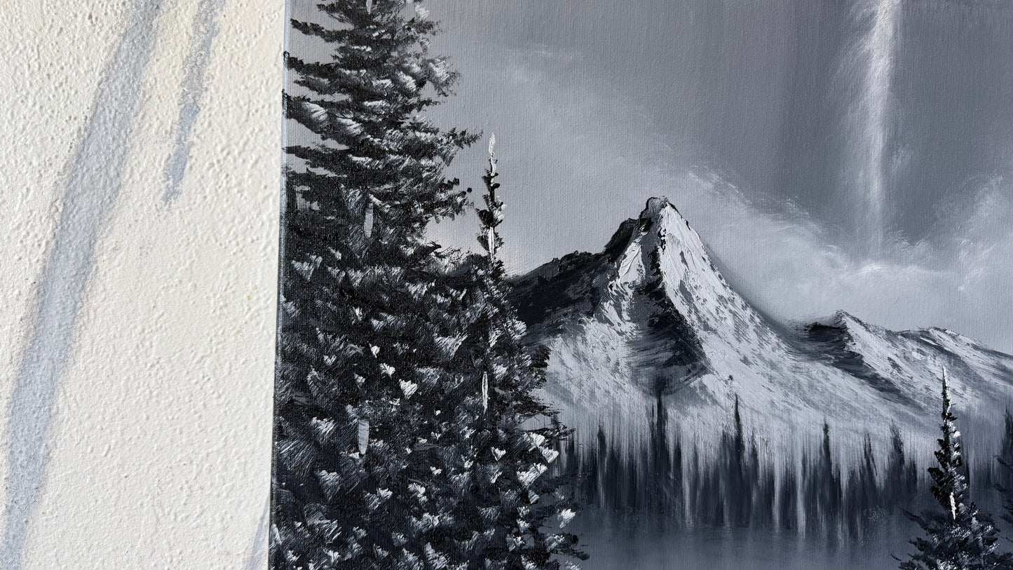 Painting #2489 - 18x24" Canvas - Black and White Mountain Waterfall painted 6-15-26