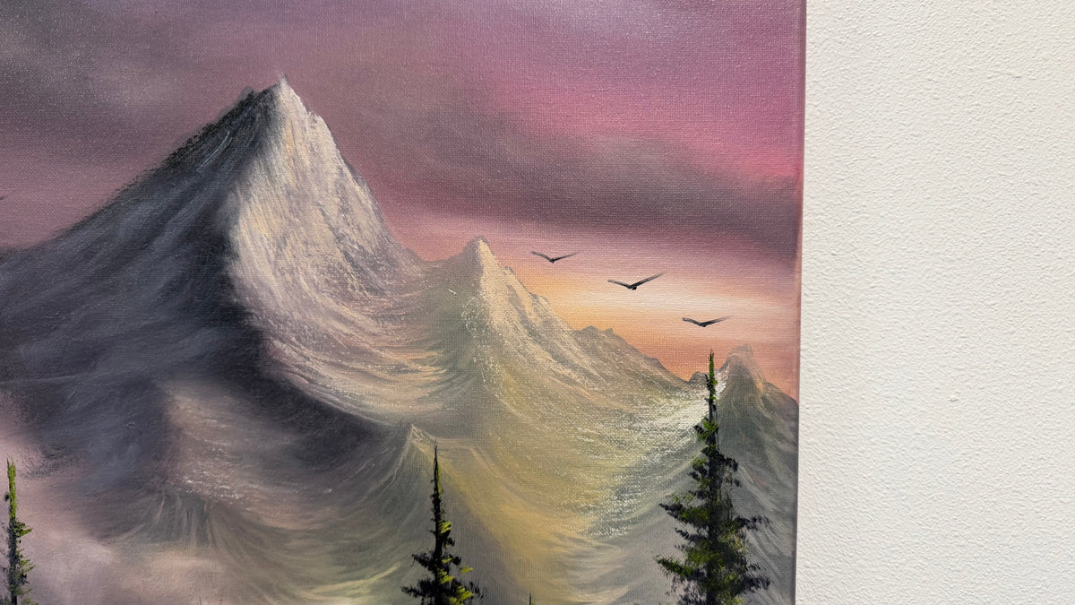 Painting #2608 - 16x20" Canvas - Sunset Mountain Landscape painted by Josh and Dani 9-19-26