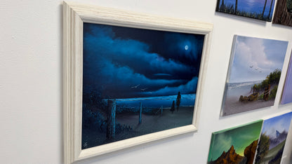 Painting #2529 - 16x20" Framed Canvas - Night Seascape painted 7-26-26