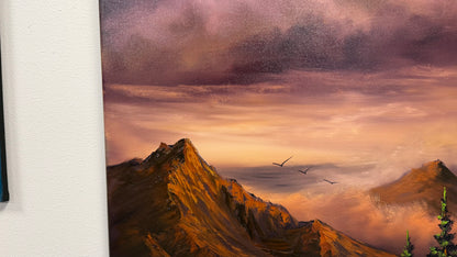 Painting #2606 - 22x28" Canvas - Dramatic Sunset Mountain Landscape painted 9-18-26