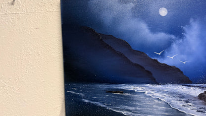 Painting #2102 - 16x20" Canvas - Night Coast Seascape painted 10-13-25
