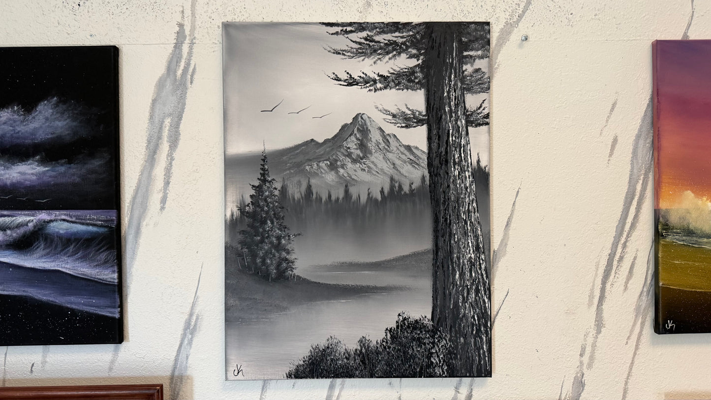 Painting #2316 - 18x24" Canvas - Black and White Winter Landscape painted 3-5-26