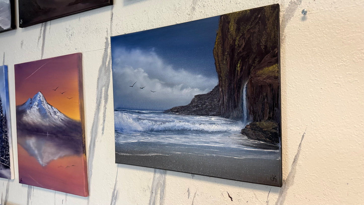 Painting #2235 - 16x20" Canvas - Coastal Waterfall Seascape painted 1-14-26