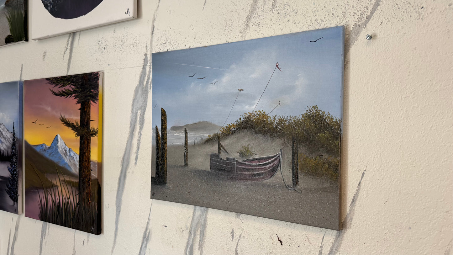 Painting #2421 - 16x20" Canvas - Kite Flying Seascape with Old Row Boat painted 5-1-26
