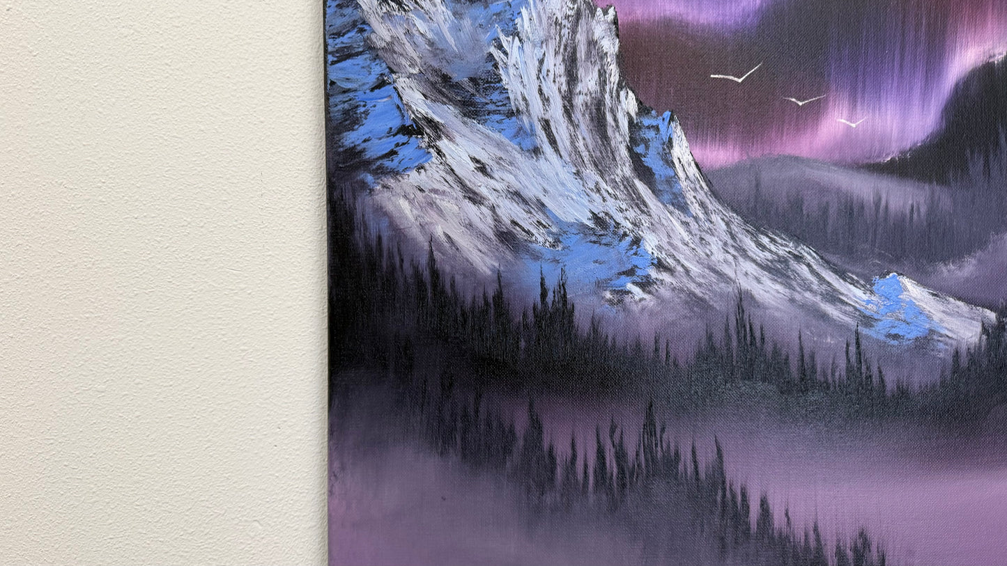 Painting #2559 - 16x20" Canvas - Northern Lights Mountain Landscape painted 8-21-26