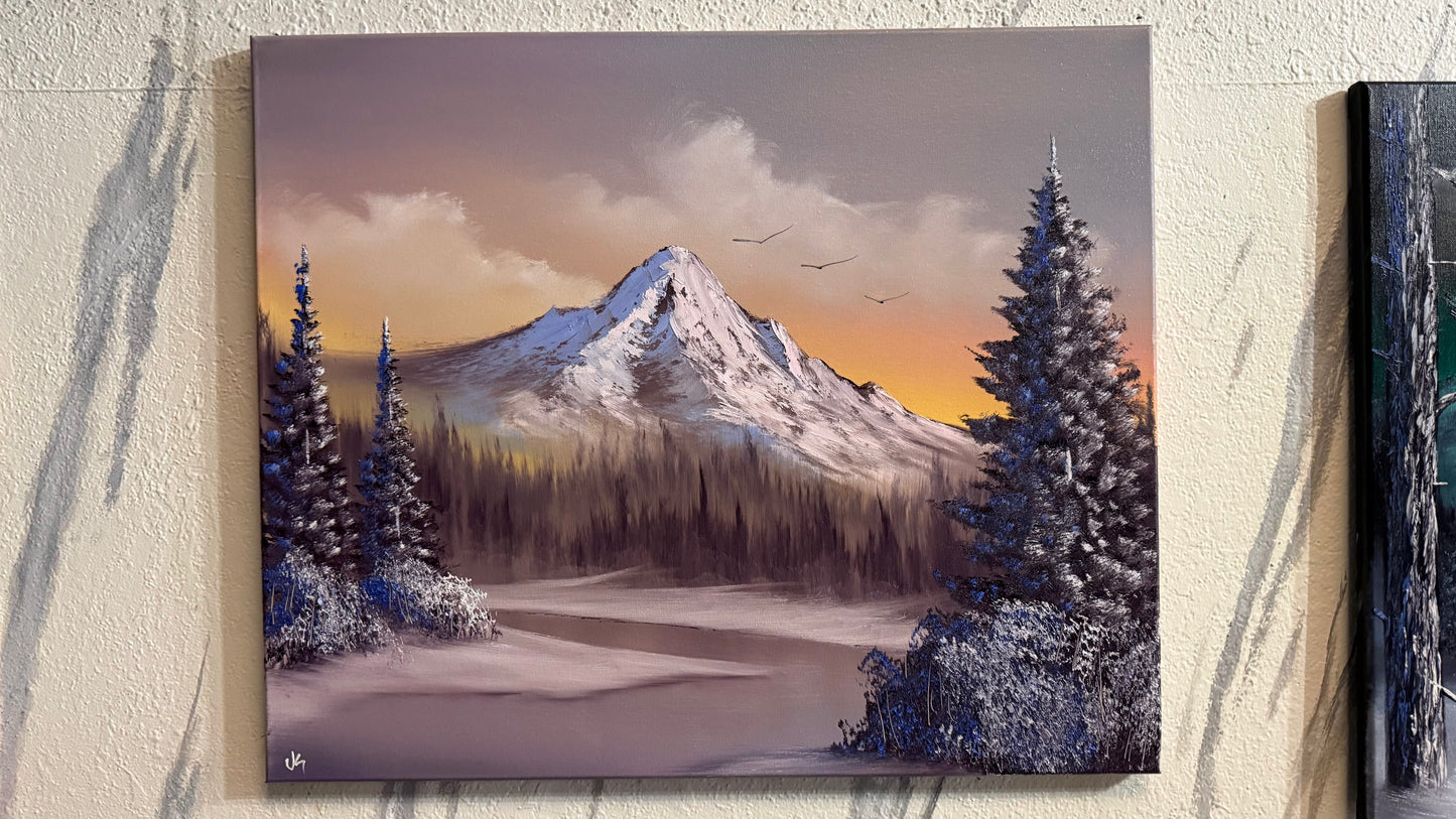 Painting #2285 - 20x24" Canvas - Sunset Winter Landscape painted 2-13-26