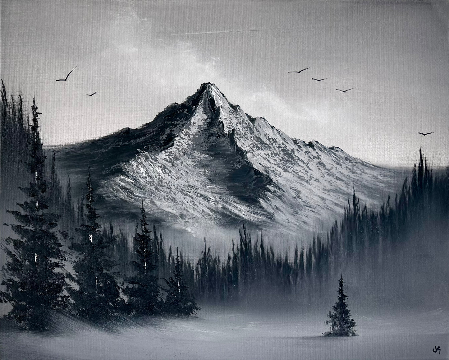 Painting #2430 - 16x20" Canvas - Black and White Mountain Landscape painted 5-6-26