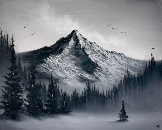 Painting #2430 - 16x20" Canvas - Black and White Mountain Landscape painted 5-6-26