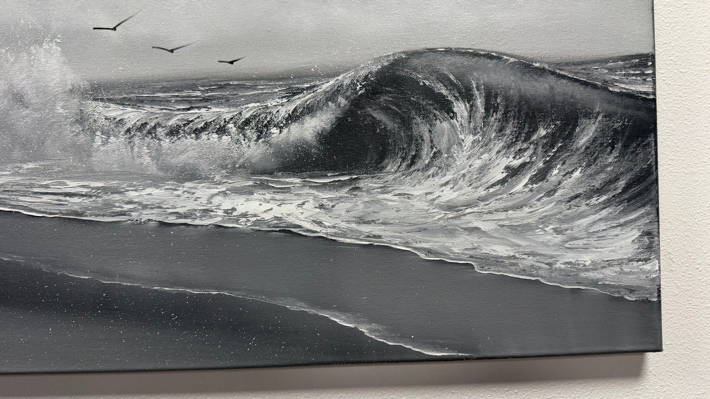 Painting #2523 - 18x24" Canvas - Black and White Seascape painted 7-23-26