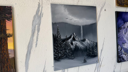 Painting #2488 - 16x20" Canvas - Black and White Mountain Waterfall painted 6-15-26