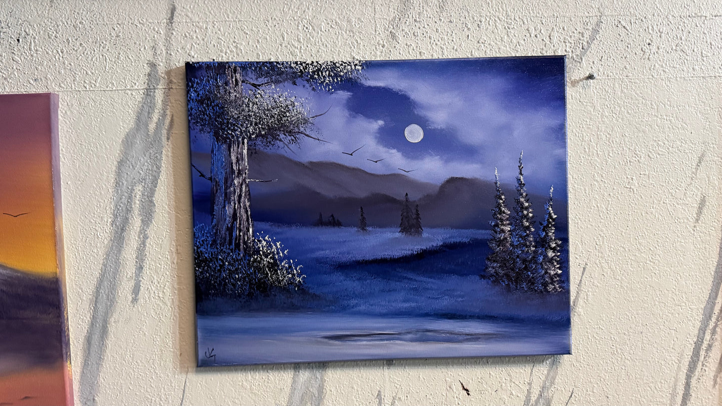 Painting #2229 - 16x20" Canvas - Night Farm Landscape painted 1-9-26