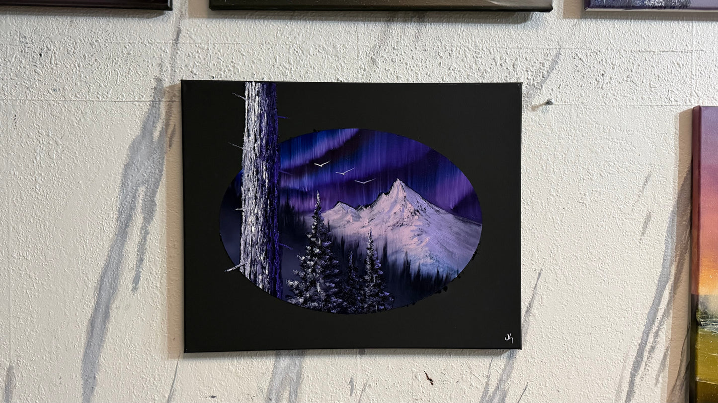 Painting #2353 - 16x20" Canvas - Oval Northern Lights Mountain painted 3-23-26