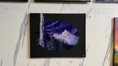 Painting #2353 - 16x20" Canvas - Oval Northern Lights Mountain painted 3-23-26