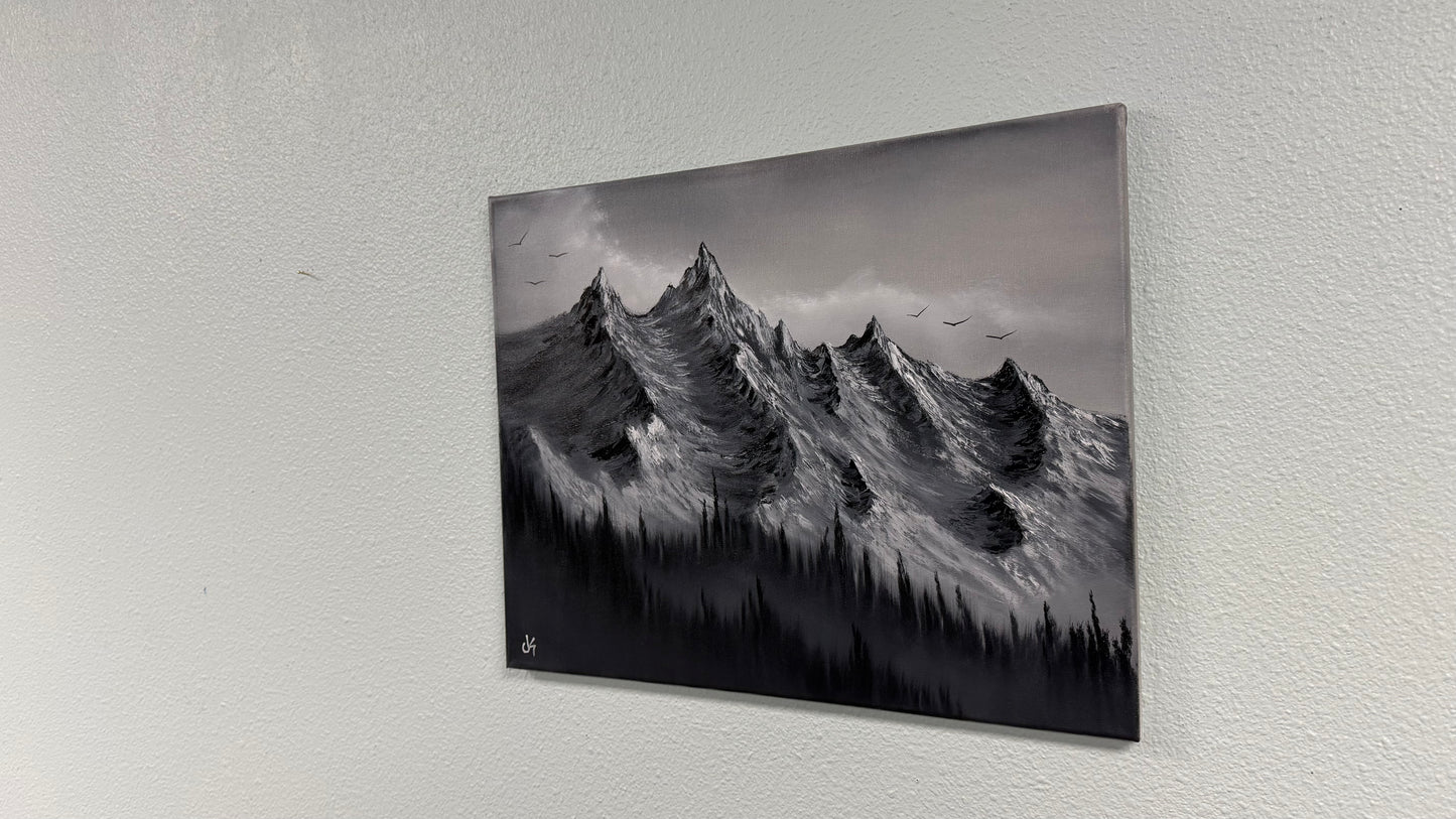 Painting #2563 - 16x20" Canvas - Black and White Mountain Landscape painted 8-23-26