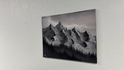 Painting #2563 - 16x20" Canvas - Black and White Mountain Landscape painted 8-23-26