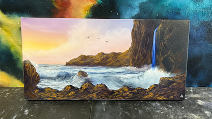 Painting #2239 - 15x30" Canvas - Coastal Waterfall Seascape painted 1-16-26
