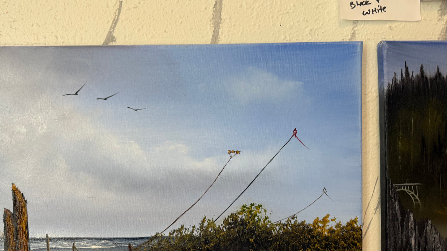 Painting #2419 - 16x20" Canvas - Kite Flying Seascape painted 4-30-26